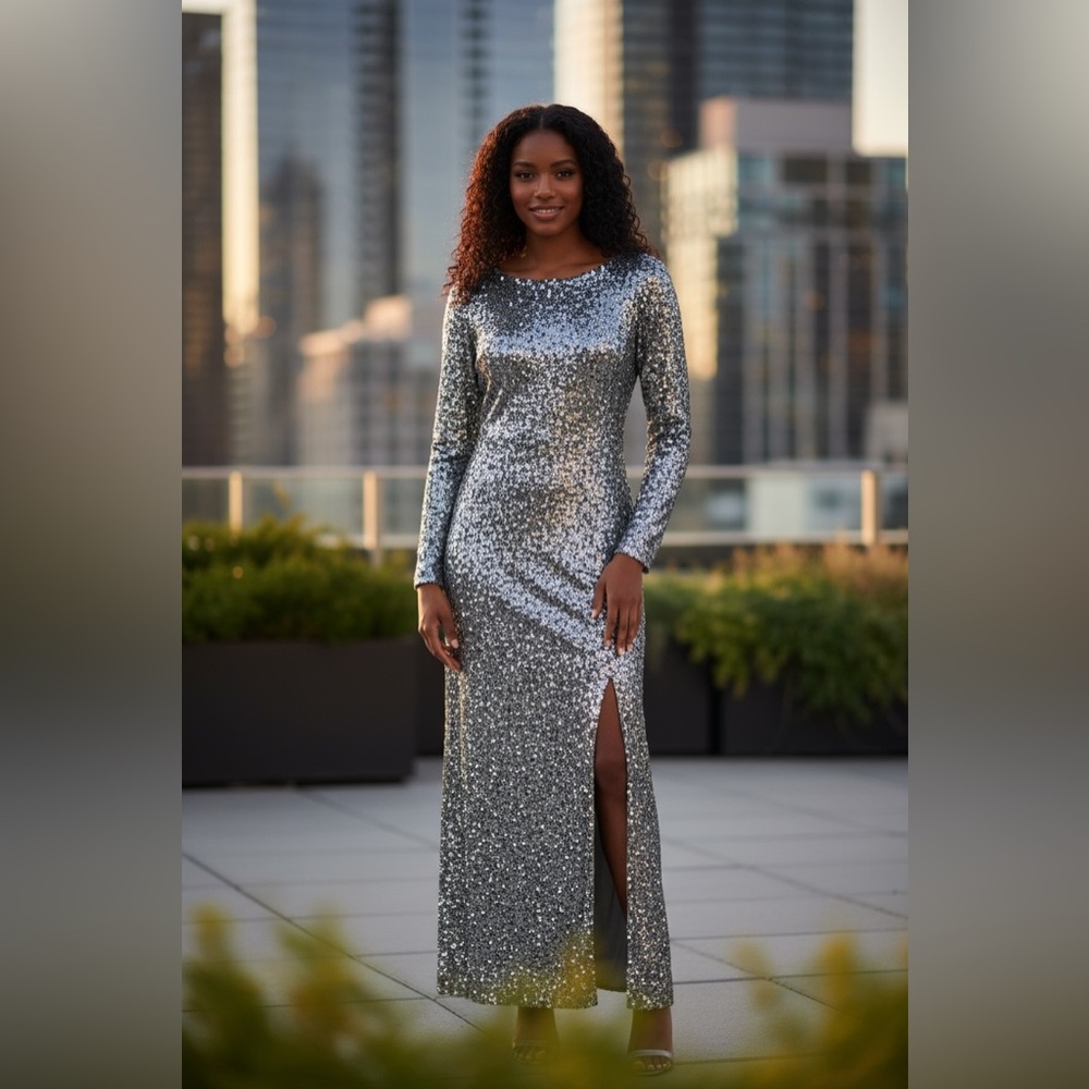 Silver Sequins Beaded Maxi Dress Vintage